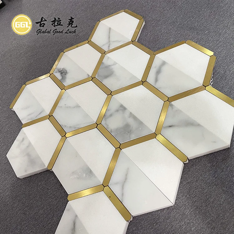 Natural Marble Mix Brass Hexagon Design Interior Decor Mosaic Tile supplier