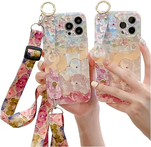 Soft Oil Painting Flowers Bracket Phone Case For Samsung Galaxy S23 S22 S21 Ultra Plus FE  Popular Rhinestone Shell