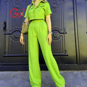 GX23280 Fashion 2026 Spring Summer Boutique Outfit Women Lounge Wear Short Sleeve Cropped Shirt and Wide-leg Pant 2 Piece Set