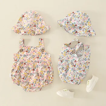 Ins Summer new baby strap floral jumpsuit baby girl triangle bottom-covering romper + hat