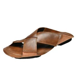 UP-5878r 46 47 Size Cow Leather Non-slip Open Toe Rubber Outsole Casual Summer Beach Flat Slip on Men Sandals
