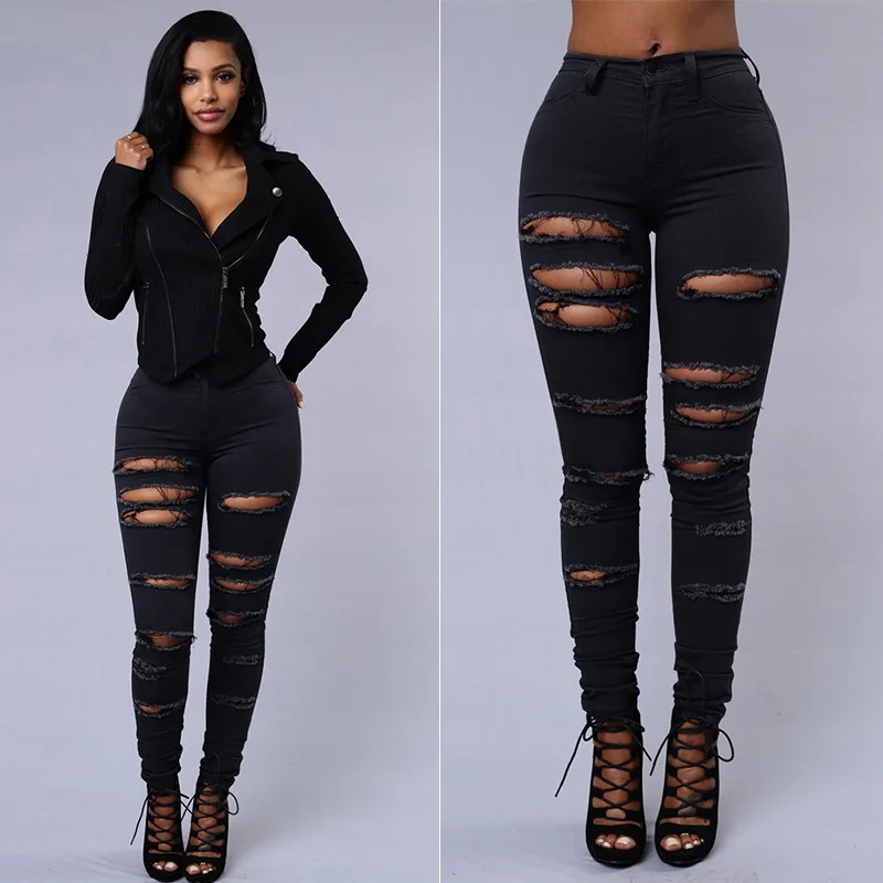Personality Womens Jeans Comfortable Stretch Pants Female Elastic Ripped Trousers Skinny Pencil Pants Streetwear Jeans factory