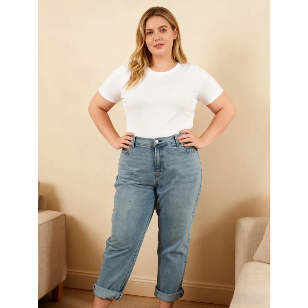 Stylish Women's High Waist Slim Jeans with Rhinestone Design Fashion Casual Sparkly Denim Pants