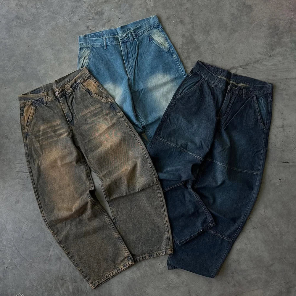 Streetwear Custom Mens Oversized Vintage Wash Wide Leg Baggy Jeans Denim Pants Trousers for Men details