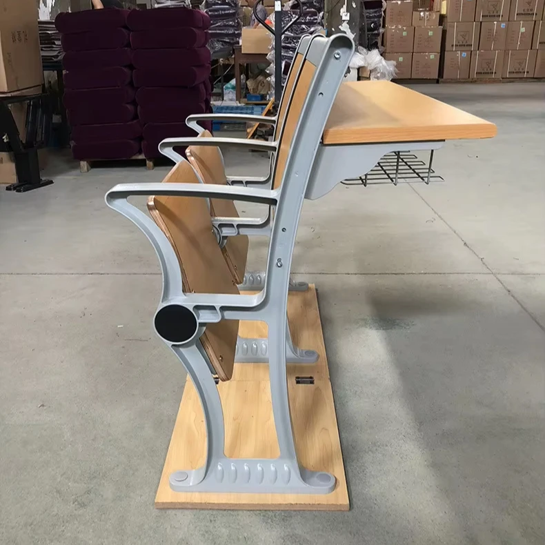 Modern Design Steel Backrest School Chair with Wooden Folding Seat Fixed Armrest Ladder Lecture Hall Table for College Students