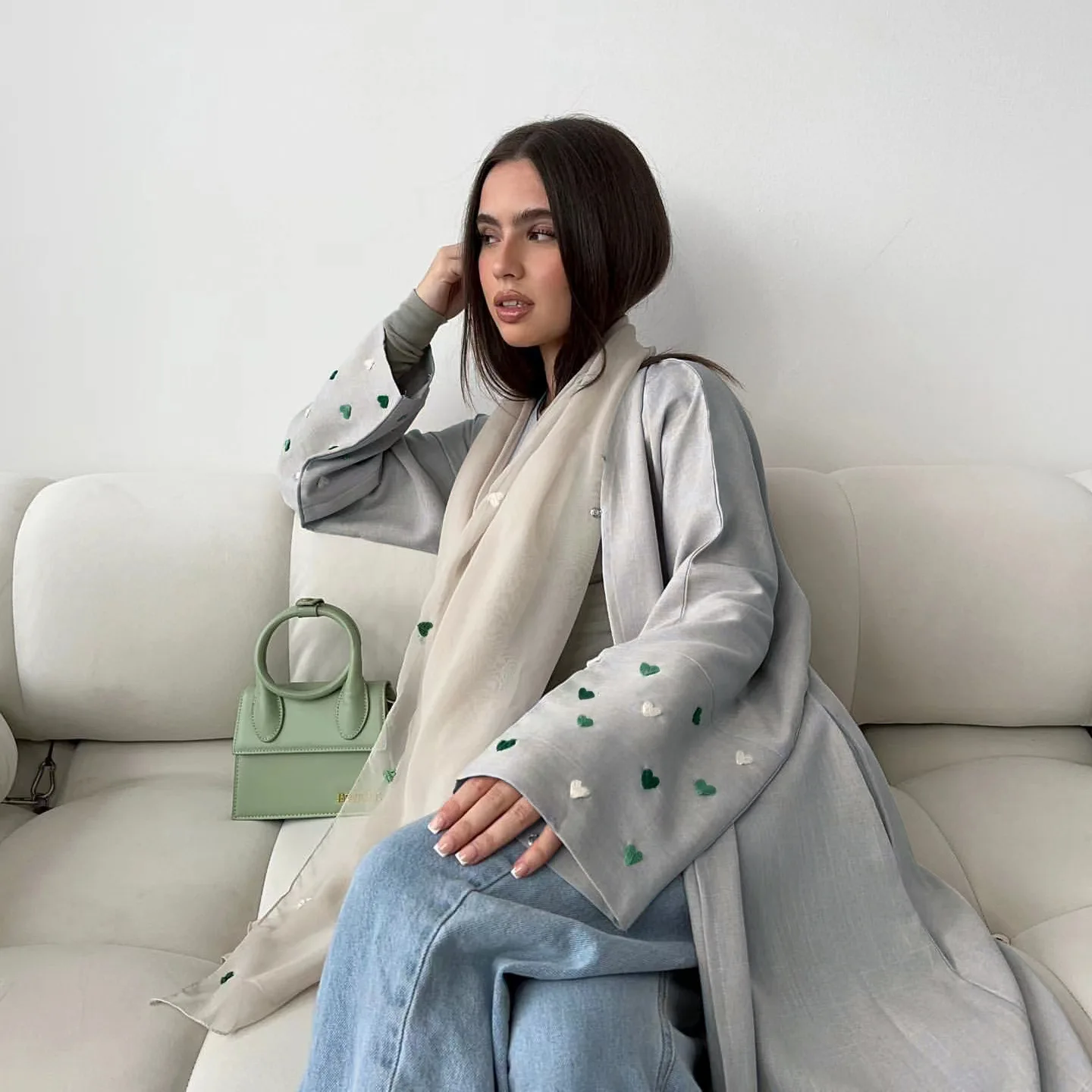 2024 Women's Eid Embroidered Heart Abaya Open Front Cardigan Maxi Dress Breathable Arabian Robe for Ramadan Elegant Ialam