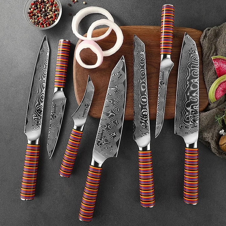 Hand-polished 67 Layers Damascus Steel Blade Kitchen Knife 7pcs New Classic  Germany Damascus Knives Set