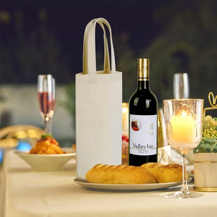 Manufacture Custom Logo Single Bottle Cotton Canvas Wine Carrier Tote Bags With Water Bottle Holder