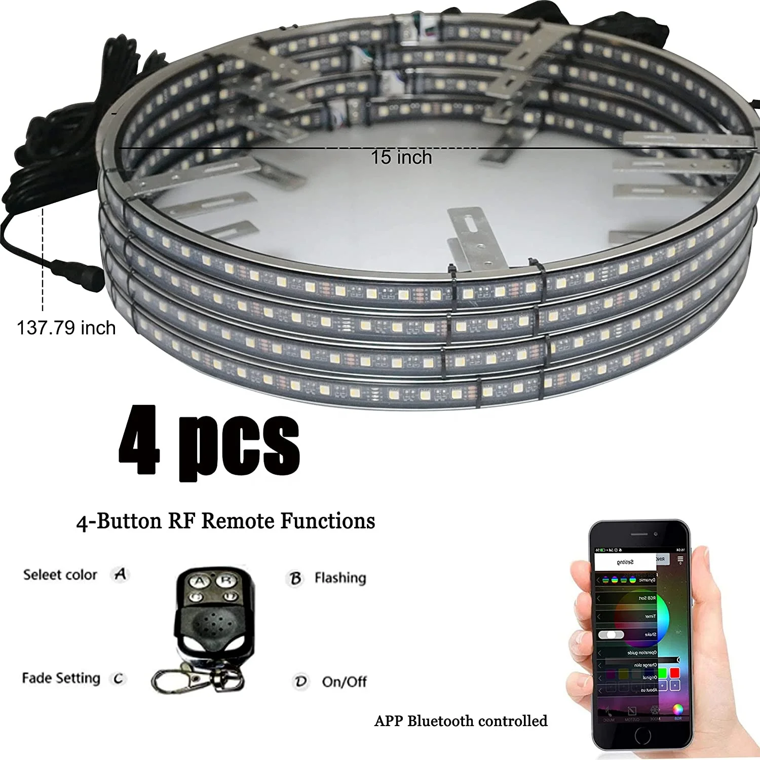 4pc RGBW 17" Wheel Ring LED Light Kit Kingshowstar App controlled