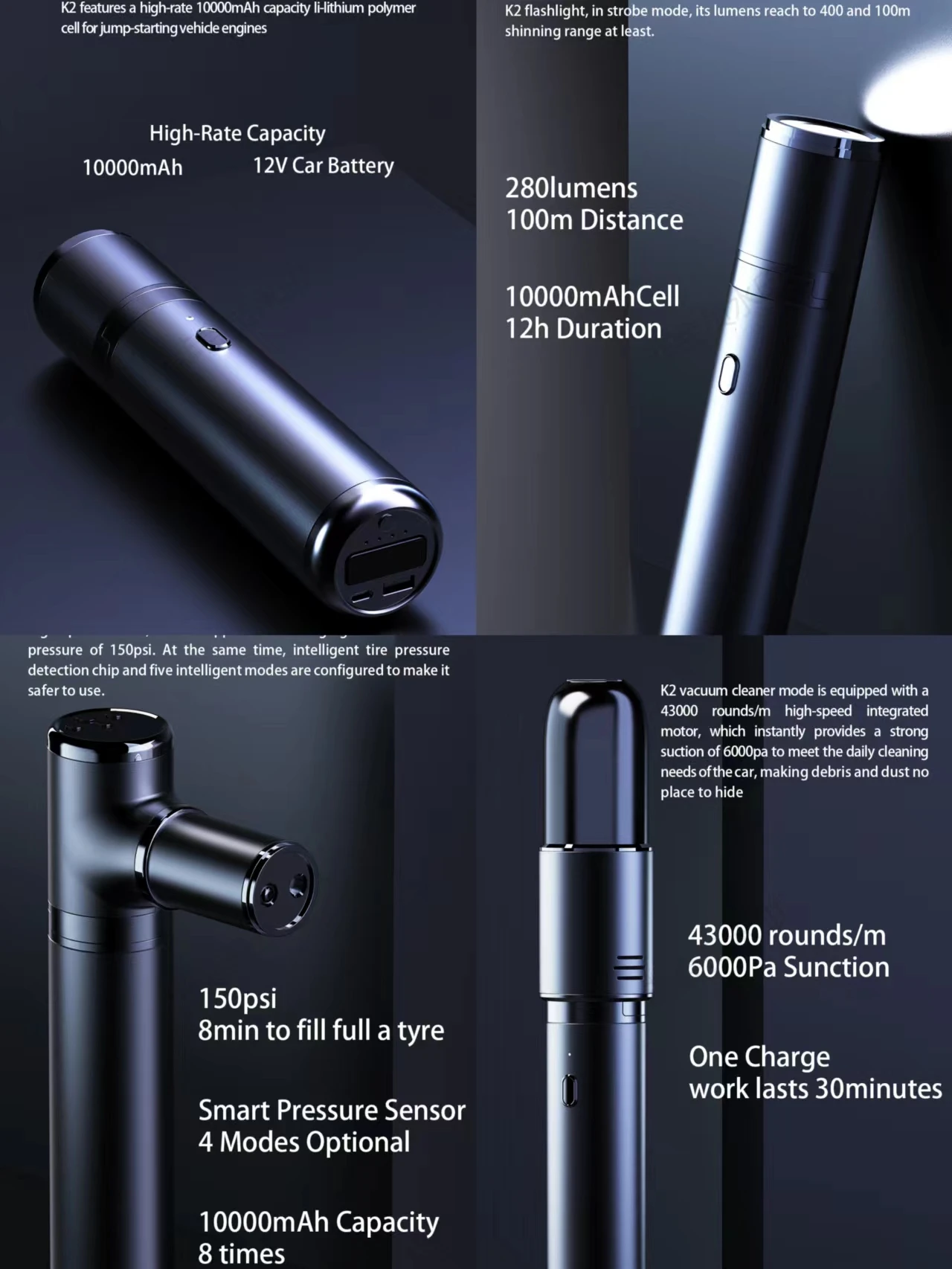 Многофункциональное автомобильное пусковое устройство 12 В с насосом воздушного компрессора пылесос фонарик бензиновый