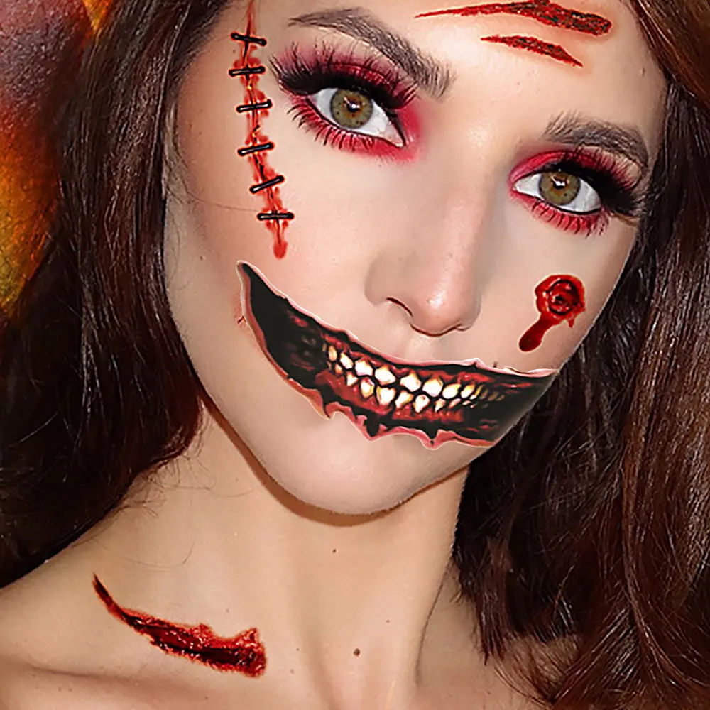12pcs DIY Halloween Clown Scary Mouth Tattoo Transfer Stickers Waterproof Sweat-proof Good Breath-ability 3-5 Days Durability