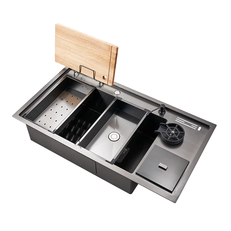 Nano Smart 304 Washing Fruit Vegetable Handmade Faucet Cup Washer Stainless Steel Black Kitchen Sink