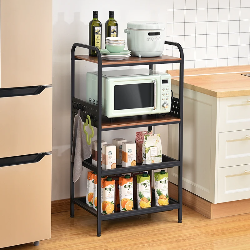 4-Tier Kitchen Rack Stand with Hooks & Mesh Panel