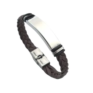 High Quality Customized Mens Fashion Jewelry Brown Leather Stainless Steel Bracelets