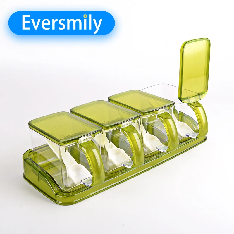 2023 кухонные принадлежности 4 в 1 прозрачная пластиковая квадратная коробка для приправ с ложкой банки