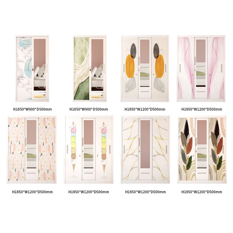 3 Door Mirror Drawer Steel Printed Wardrobe Armoire with Custom Pattern Sliding Door