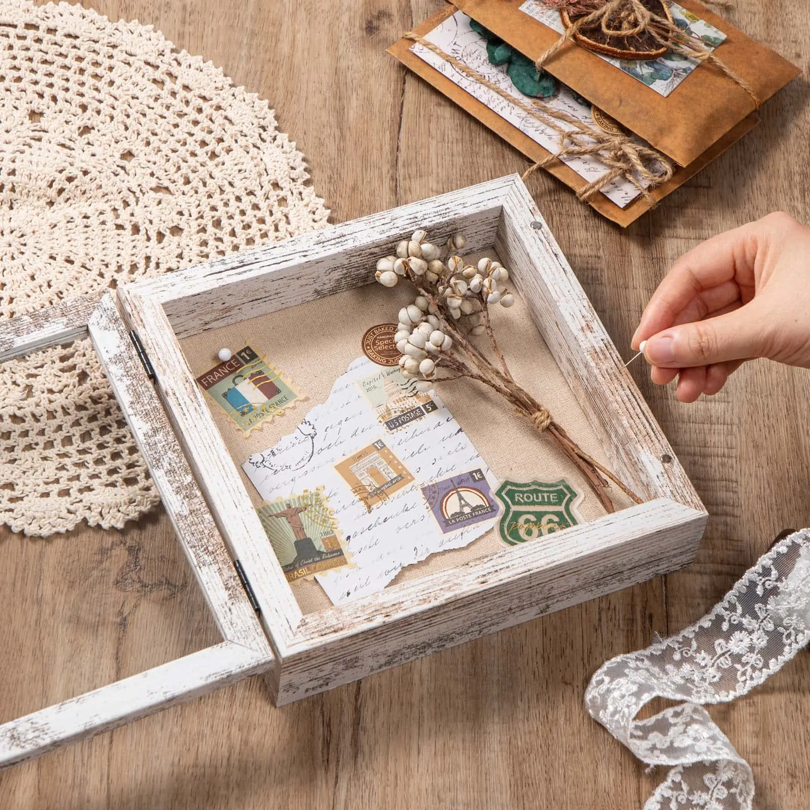 Wooden Shadow Box Frame with Linen Back Memorial Picture Flower Medal Ticket Solid Wooden Glass Door Display Case