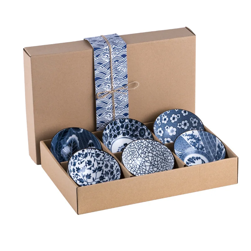 4.5inch Natural Healty Japanese Ceramic Bowl Gift Set Blue and White Porcelain Bowl