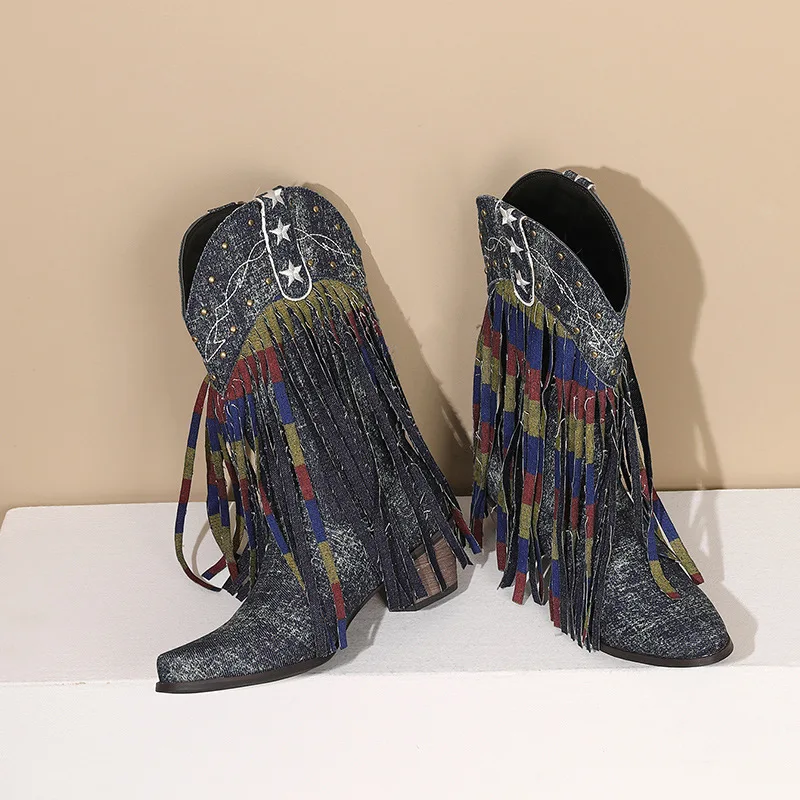 Size 43 Cowgirl Boots Pointed Toe Vintage Tassels Rivet Slip-on Mid Calf Women Embroidery Western Cowboy Boots - Image 3