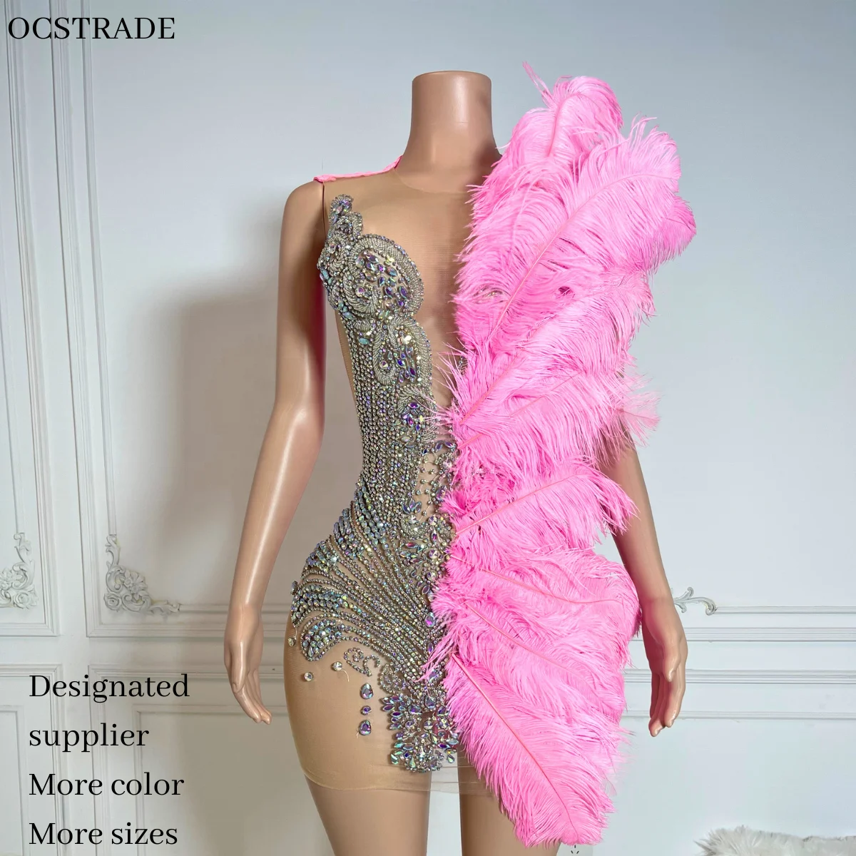 Ocstrade Unique Design Rhinestone Hot Pink Dress With Feathers Glitter Diamond Club Party Dress Women Performance Wear Ballroom Ocstrade Unique Design Rhinestone Hot Pink Dress With Feathers Glitter Diamond Club Party Dress Women Performance Wear Ballroom
