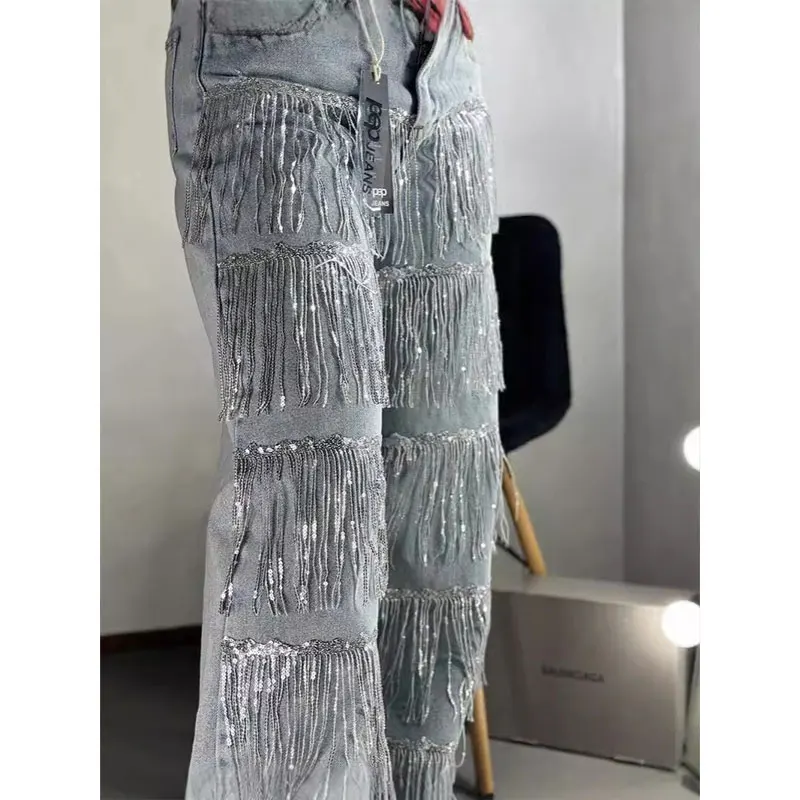 New High Street Fashion Women's Straight Jeans for Sehe with Tassel Design Sequin Embellished Breathable Denim Pencil Pants
