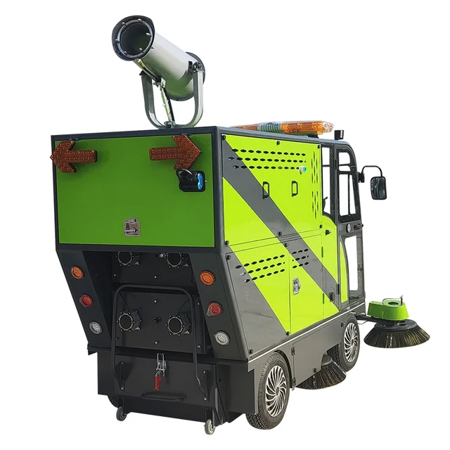 Electric ride-on sweeper with mist cannon functionality designed for vacuum cleaning and sweeping Park Garden Street and Farms