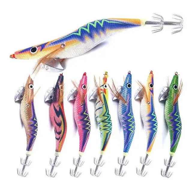JIEMI OEM New Style 12.2g/14.2g/20g Lures Fishing Saltwater Squid Jig Wood Shrimp Commercial Squid Jig Lure For Outdoor Fishing