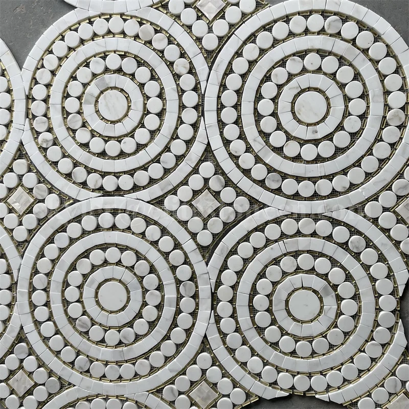 Waterjet Stone Mosaic Calacatta Gold Marble And Glass Penny Round Tiles ...