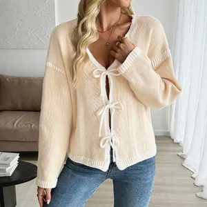 The new autumn casual knitted cardigan for women with a bow and versatile casual sweater