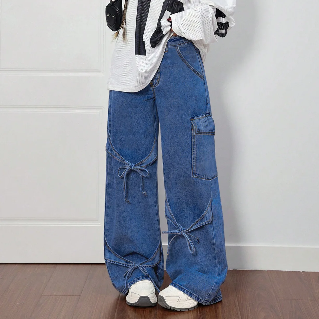 American Style Bow Tie Overalls Denim Jeans Women's Casual Summer Straight-leg Plus-size Women's Trousers