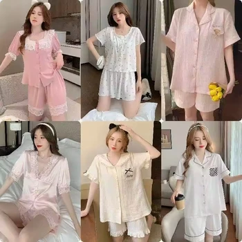 Summer Ice Print Cotton Short Sleeve 2 Piece Sleepwear Women Pajamas Set