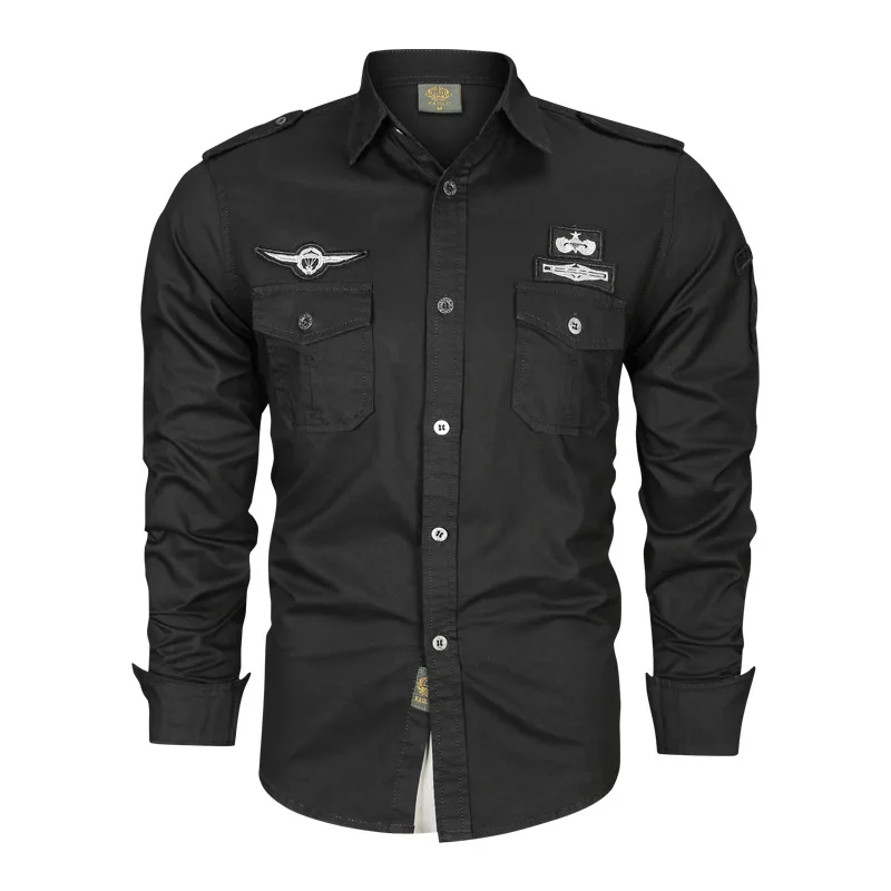 Wholesale Woven Pure Cotton Lapel Patch Embroidered Pilot Long Sleeved Men's Shirt749_voghion.com