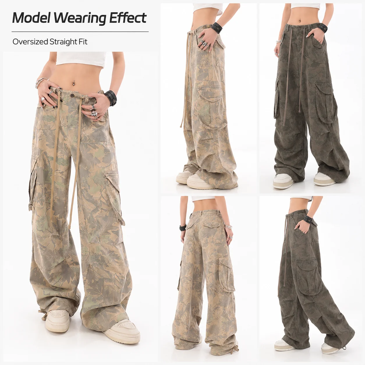 Custom Logo Print Light Oversized Straight Low Waist Drawstring Wide Leg Loose Parachute Versatile Casual Cargo Pants Women's