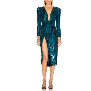 New Fashion Sexy Shine Sequin Plunging Neck Side Slit Midi Party Dress Women