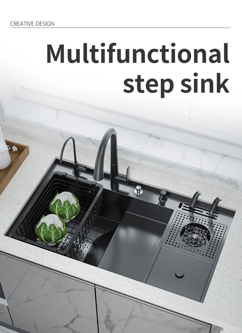 Kitchen Sink Stepped Nano Black Stainless Steel Large Single Bowl Basin ...