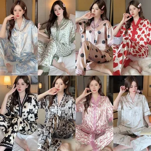 New Luxury Summer Silk Pajamas for Women Loose Fit Large Size Ice Silk Thin Short-Sleeved Pants Suit Geometric Animal Patterns