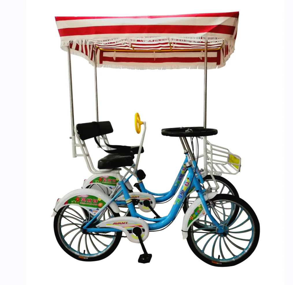 Persons Four Wheel tandem Bike Surrey Cycling Vehicle with a Sun Hood for  Adult with Bright Color Comfortable Bench Saddle