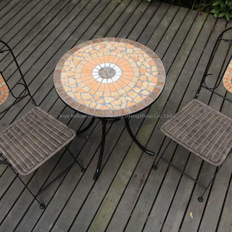 Joye Leisure Steel Rattan Chair and Mosaic Coffee Table Bistro Set Outdoor Garden Balcony 3Pcs Set