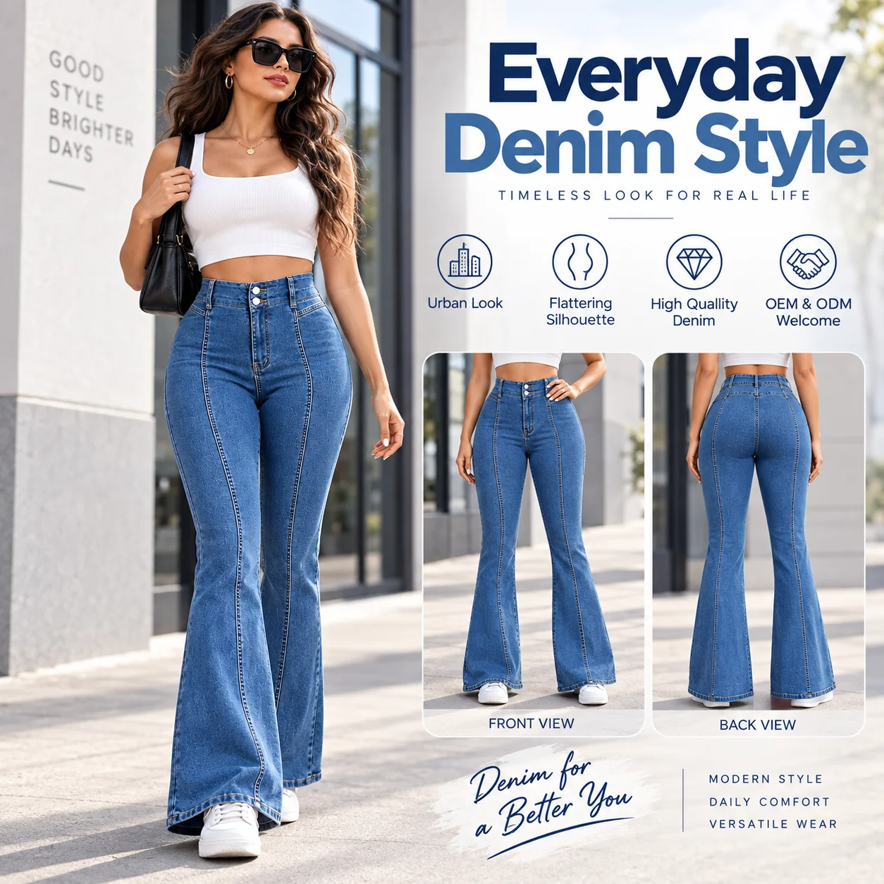 European Women's New Spring Autumn Front Back Splicing Mid-waist Regular for Wash Full-Length Denim Flare Pants
