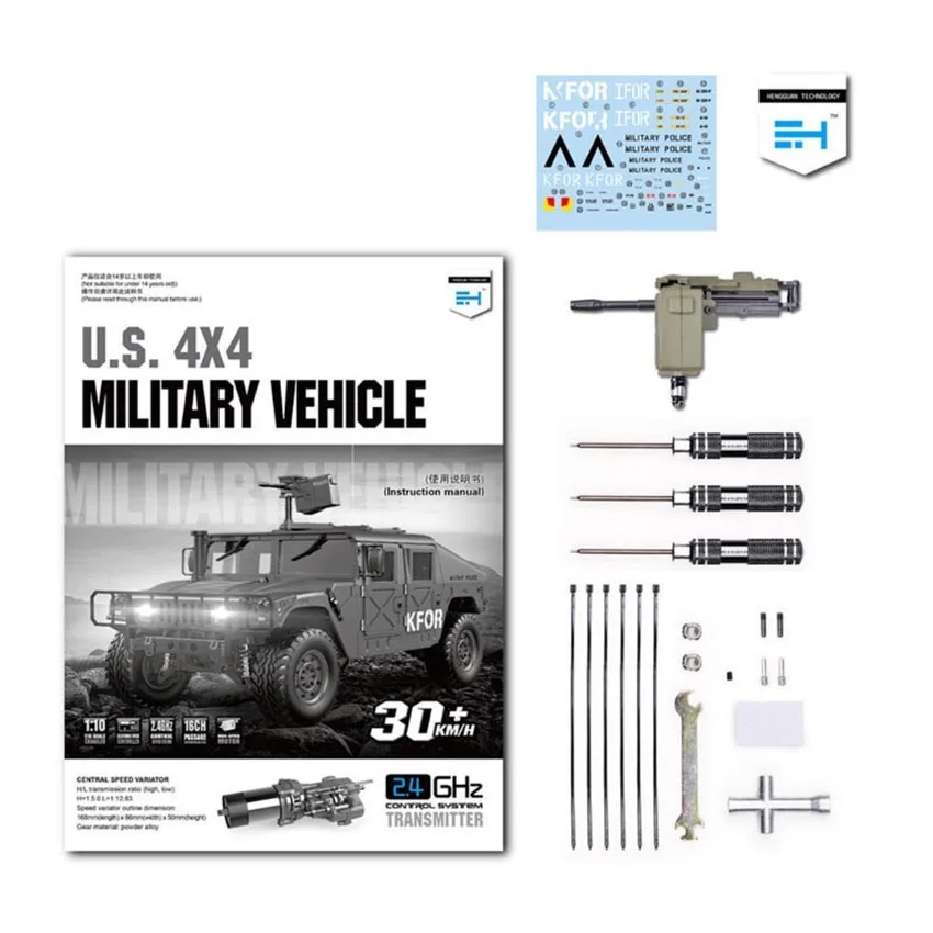 Upgraded 1/10 4X4 2.4G 4WD 16CH  Headlight and Sound HG P408 RC Army Truck Toys for Kids with Remote Control