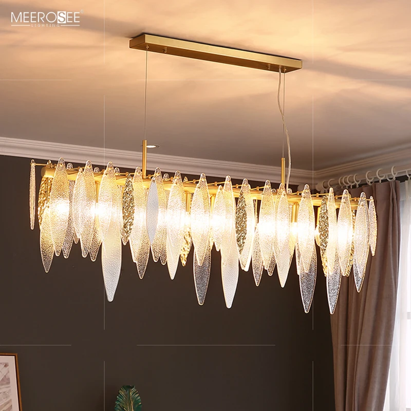 Meerosee Frosted Transparent Glass/ Gold Embossed Leaves Chandelier Coppery Lamp Body Decorative Lighting MD86819