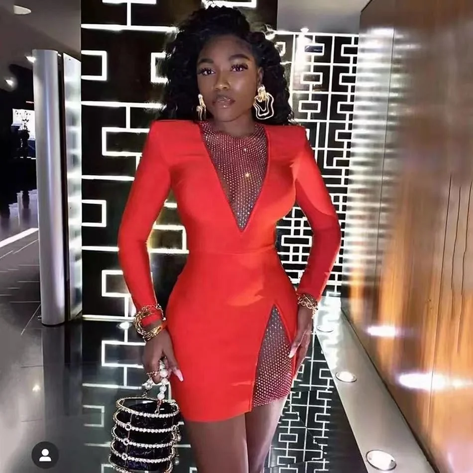 Mesh Red Long Sleeve Bandage Dress Clothing Bandage Dresses 'Noelle' Wine  Bandage Mesh Dress
