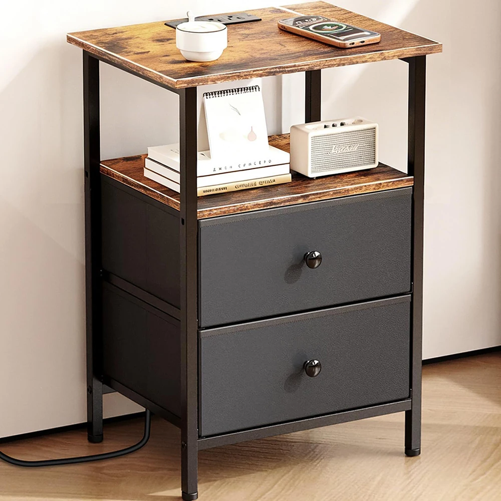 Modern Nightstand Charging Station Bedside Table with 2 Fabric Drawers USB Ports & LED Lighting (Brown/Black)