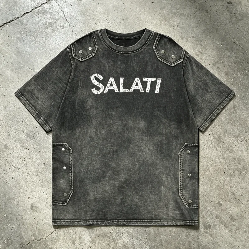 Custom Summer 100% Cotton Distressed Short-Sleeve Silk Screen T-Shirt Embroidery Rhinestones Vintage Stone Wash Studs Men's gallery 3