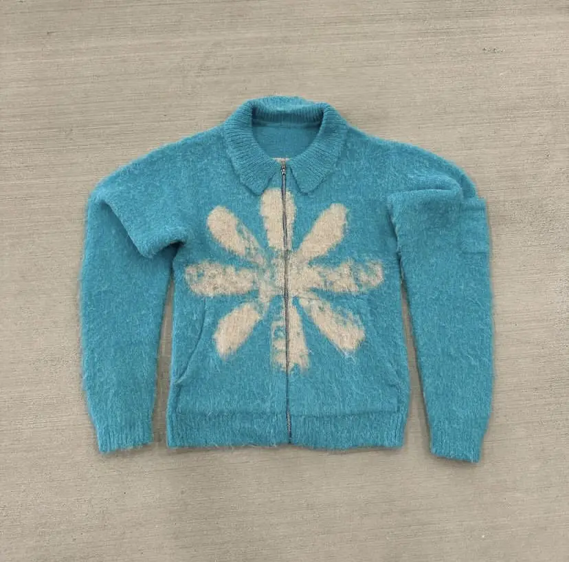 Custom Unisex Screen Print Logo Brushed Mohair Wool Jacquard Fuzzy Knitted Zip up Polo Jacket Fuzzy Mohair Blend Sweater for Men
