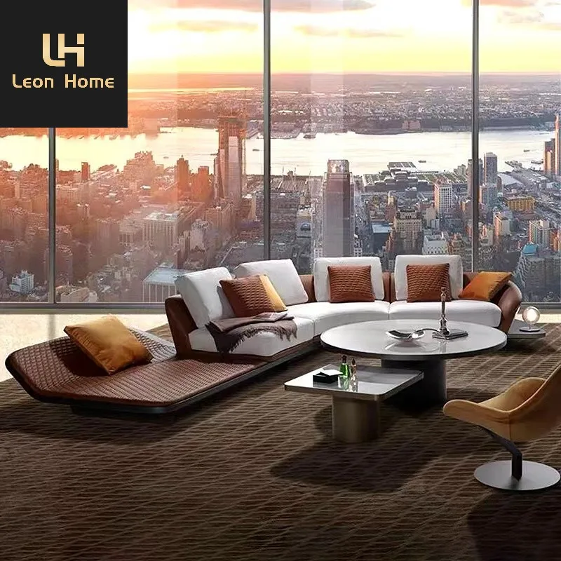 高級L字型ファブリックレザーソファ木製曲線ソファリビングルーム家具