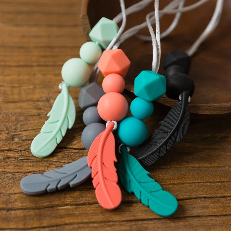 Silicone Feather Beads Teething Necklace Baby Teether Chew Toy Jewellery H 