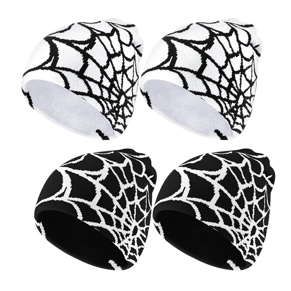 Y2K Beanies Spider Web Pattern Beanie Gothic Acrylic Knitted Hat Casual Streetwear Outdoor Cuffless  Beanies for Men