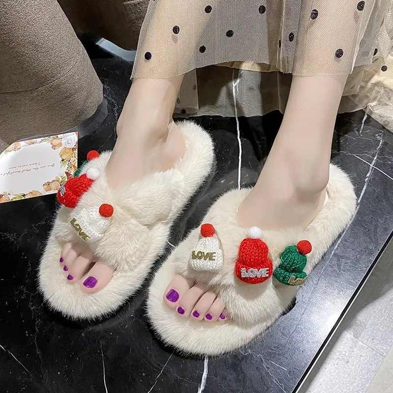 Рождественские женские резиновые тапочки, плоские меховые тапочки с ремнем на половину, женские праздничные милые пушистые Тапочки