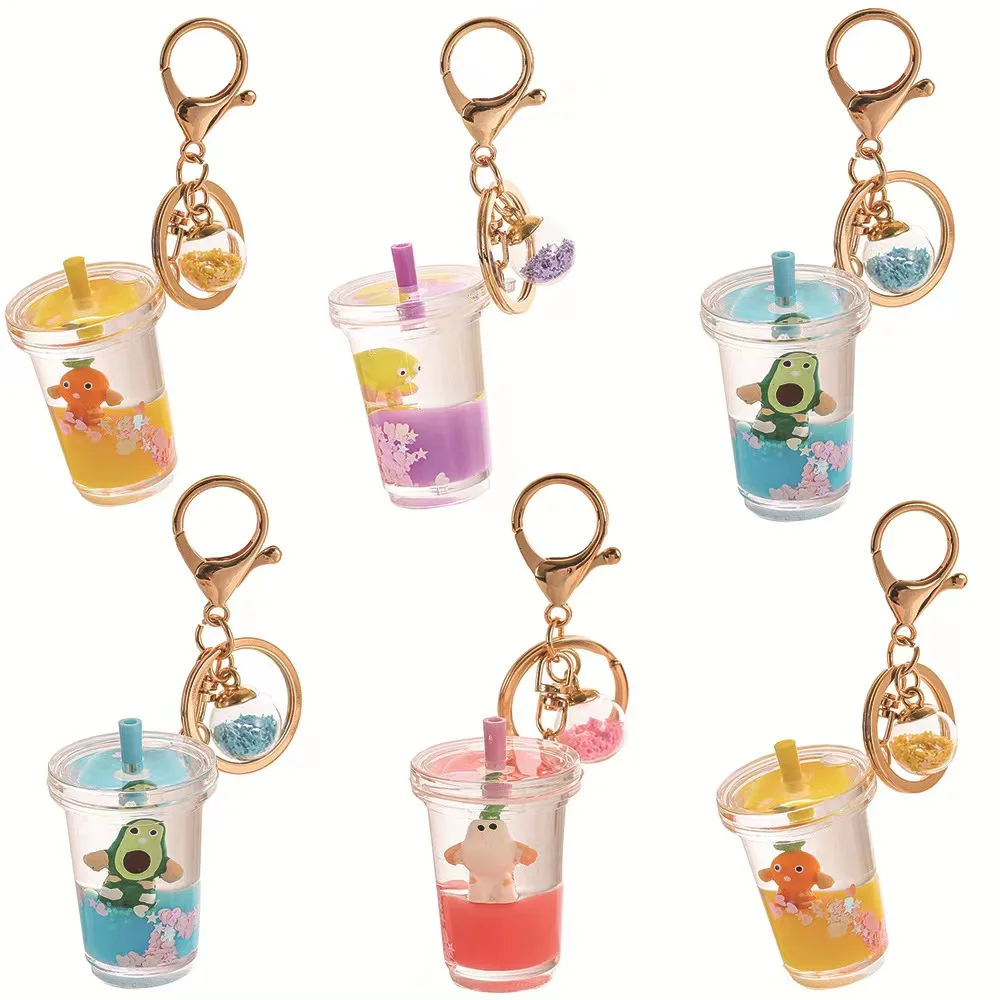 Cartoon Milk Tea Keychain Cute Floating Liquid Photo Frame Mug Drink Bottle Keyring Key Charm Gift for Girls Bag Pendant